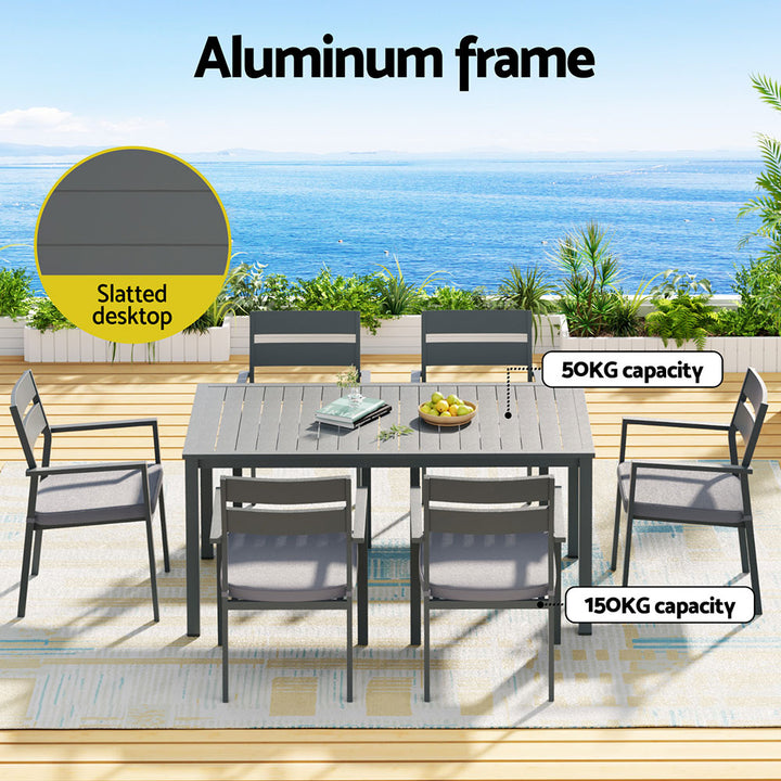 Eclipse Black 7-Piece Outdoor Dining Set – 6-Seater | Powder-Coated Aluminium | UV &amp; Water-Resistant Cushions | Black &amp; Grey - Greenora Living