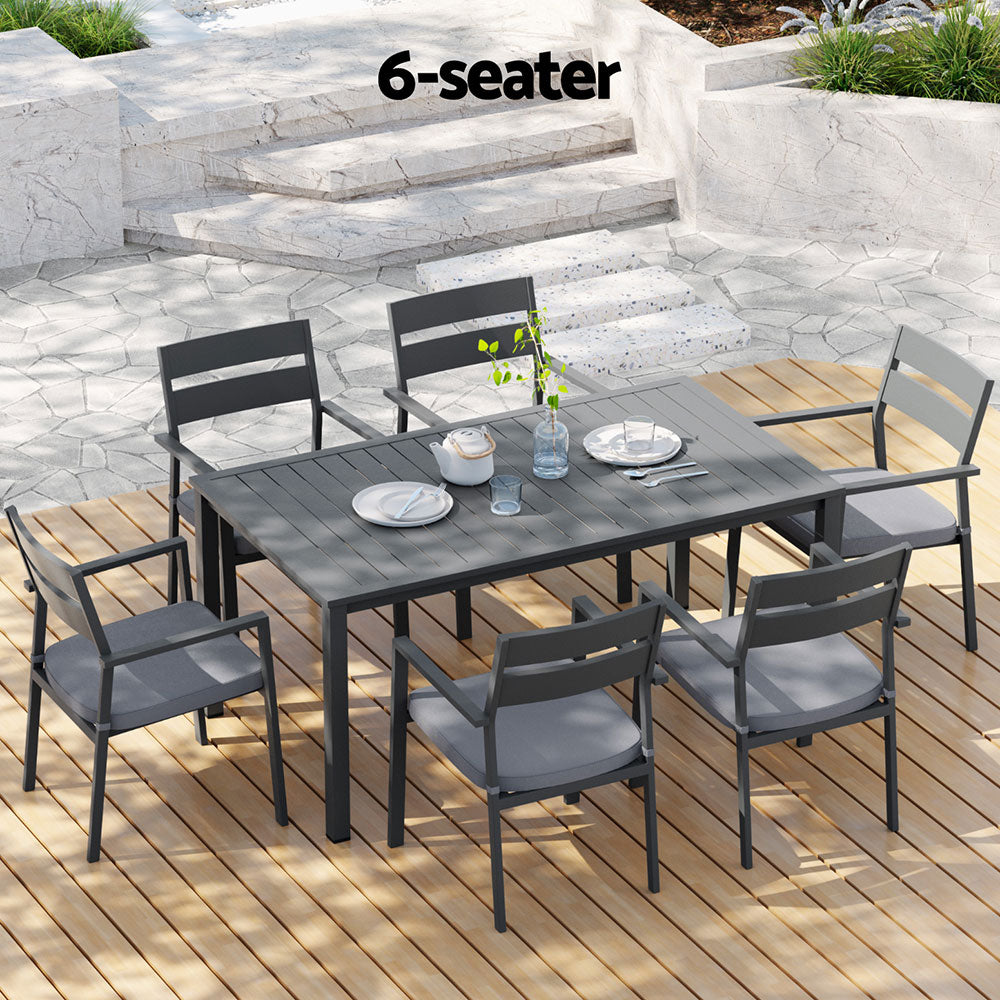 Eclipse Black 7-Piece Outdoor Dining Set – 6-Seater | Powder-Coated Aluminium | UV &amp; Water-Resistant Cushions | Black &amp; Grey - Greenora Living