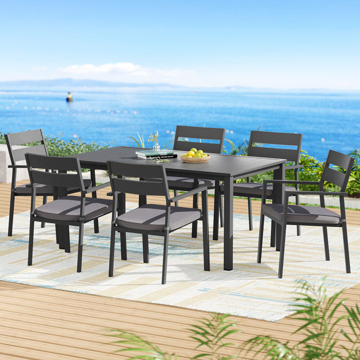 Eclipse Black 7-Piece Outdoor Dining Set – 6-Seater | Powder-Coated Aluminium | UV &amp; Water-Resistant Cushions | Black &amp; Grey - Greenora Living