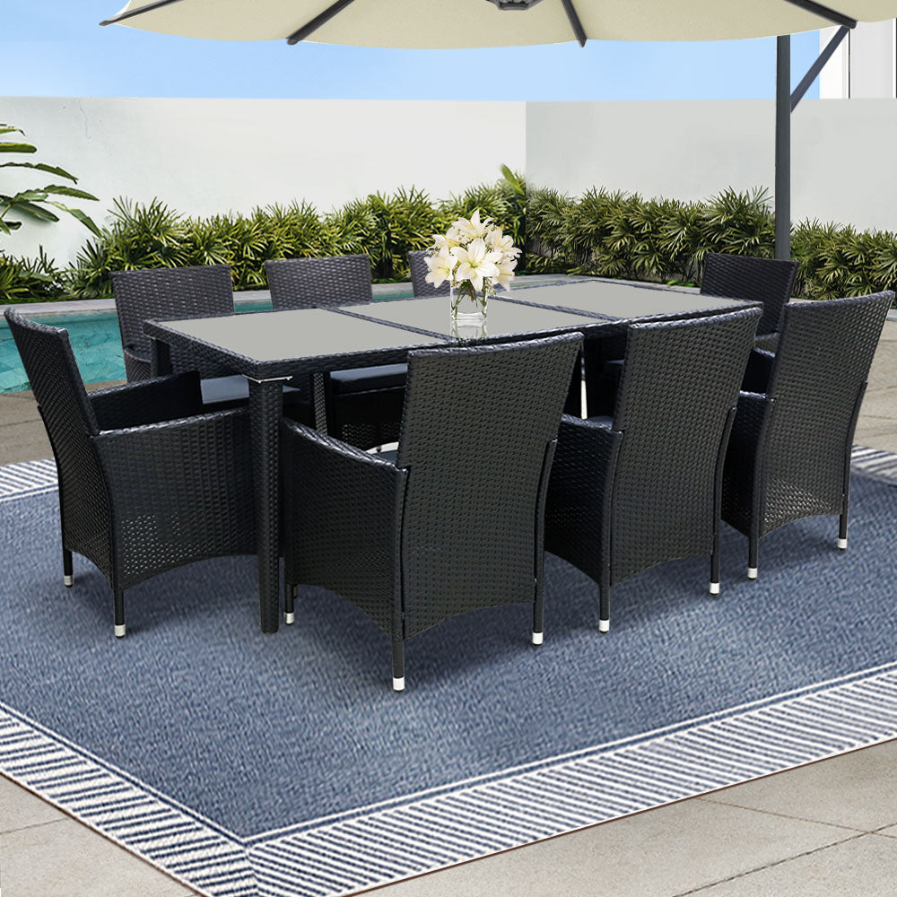 Alfresco Noir 9-Piece Outdoor Dining Set with Tempered Glass Table and Black PE Wicker - Greenora Living
