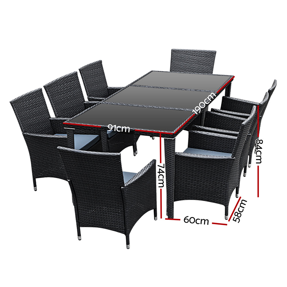 Alfresco Noir 9-Piece Outdoor Dining Set with Tempered Glass Table and Black PE Wicker - Greenora Living
