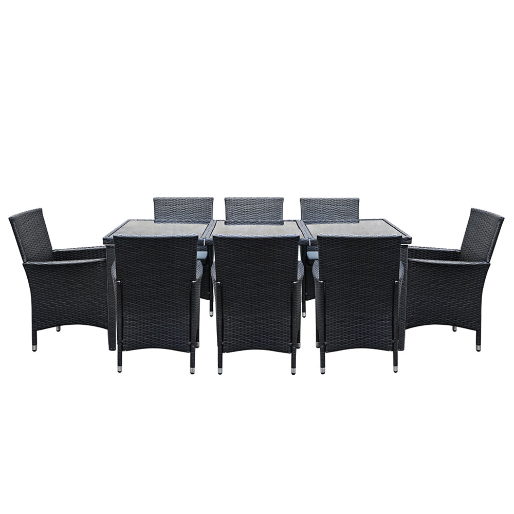 Alfresco Noir 9-Piece Outdoor Dining Set with Tempered Glass Table and Black PE Wicker - Greenora Living
