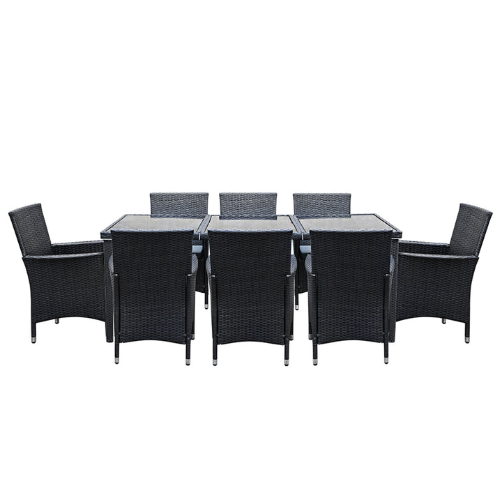 Alfresco Noir 9-Piece Outdoor Dining Set with Tempered Glass Table and Black PE Wicker - Greenora Living