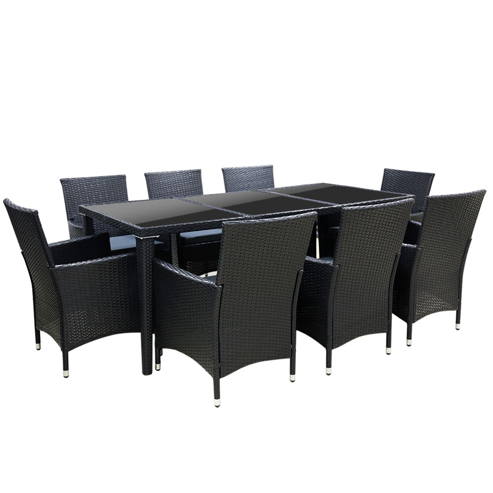 Alfresco Noir 9-Piece Outdoor Dining Set with Tempered Glass Table and Black PE Wicker - Greenora Living