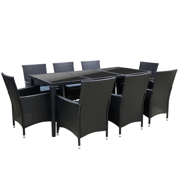 Alfresco Noir 9-Piece Outdoor Dining Set with Tempered Glass Table and Black PE Wicker - Greenora Living