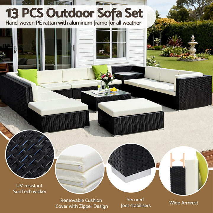 Alfresco Grand 13-Piece Outdoor Wicker Lounge Set with Tempered Glass Tables and Storage Cover - Greenora Living