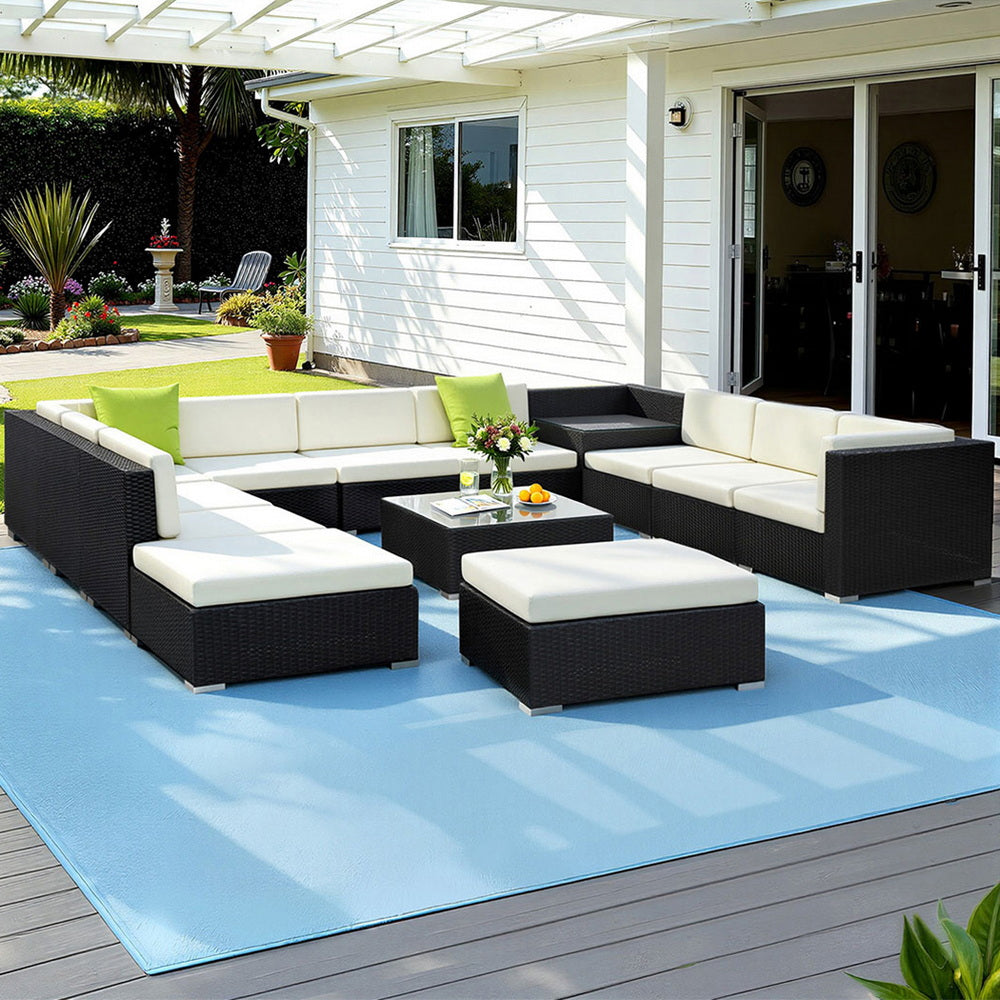 Alfresco Grand 13-Piece Outdoor Wicker Lounge Set with Tempered Glass Tables and Storage Cover - Greenora Living