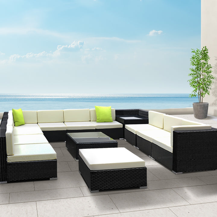 Alfresco Grand Plus 13-Piece Outdoor Wicker Lounge Set with Coffee Table Corner Table and Ottoman - Greenora Living
