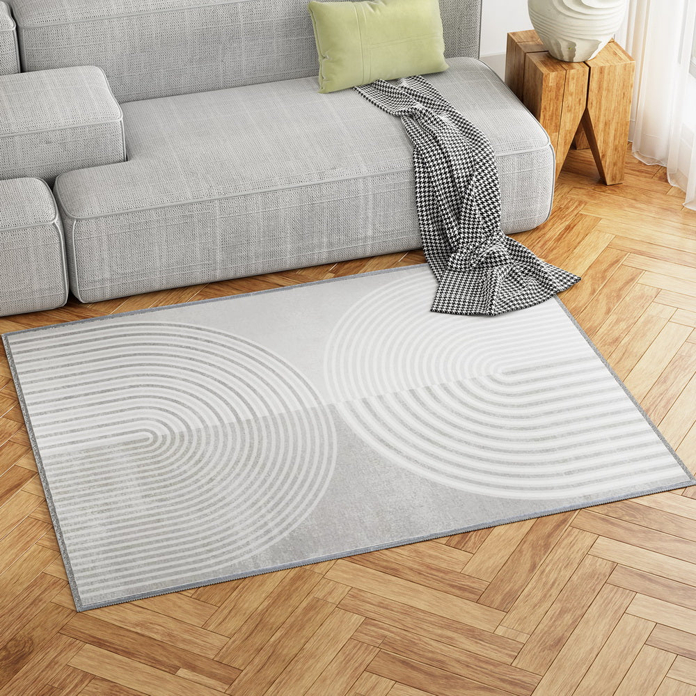 Plush Faux Rabbit Fur Area Rug – Symmetrical Circle Design 120x160cm White & Grey - Greenora Living