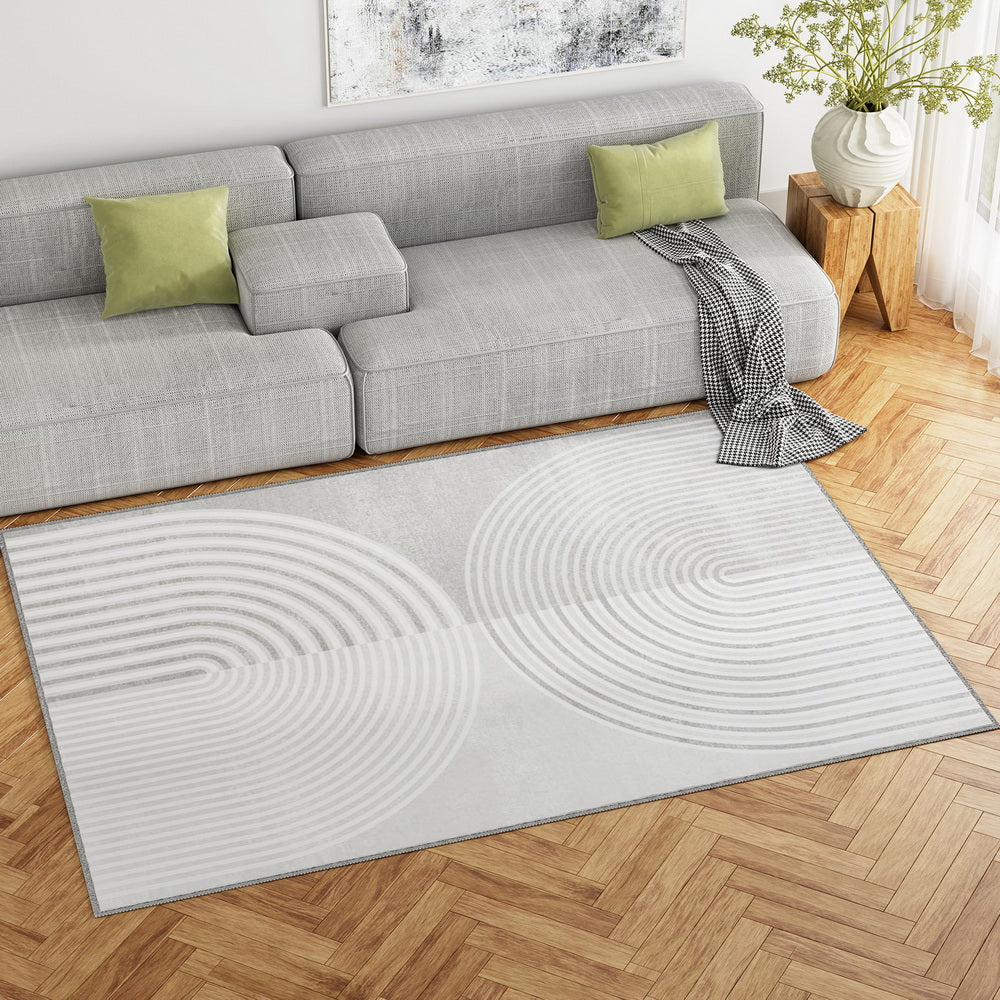Plush Faux Rabbit Fur Area Rug – Symmetrical Circle Design 160x230cm White & Grey - Greenora Living
