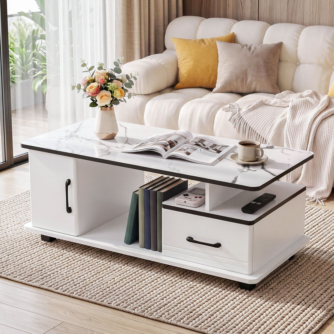 Luna Coffee Table | White Marble-Effect Top, Storage & Cabinet | Greenora Living Australia