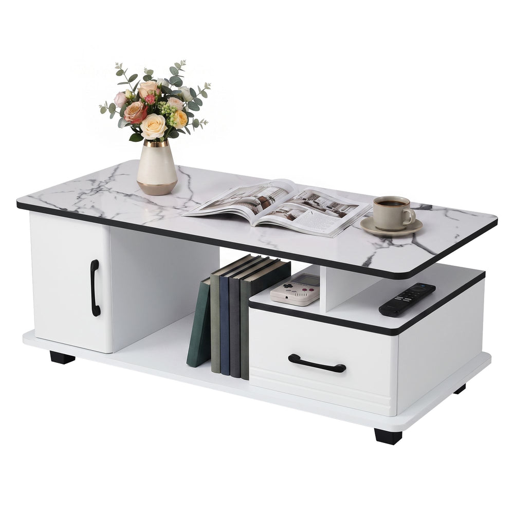 Luna Coffee Table | White Marble-Effect Top, Storage & Cabinet | Greenora Living Australia
