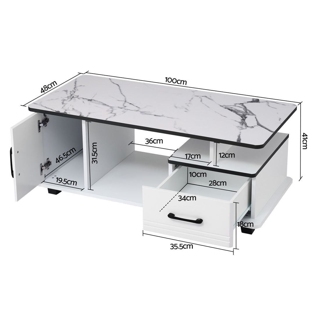 Luna Coffee Table | White Marble-Effect Top, Storage &amp; Cabinet | Greenora Living Australia