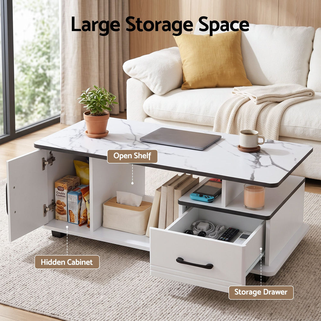 Luna Coffee Table | White Marble-Effect Top, Storage &amp; Cabinet | Greenora Living Australia