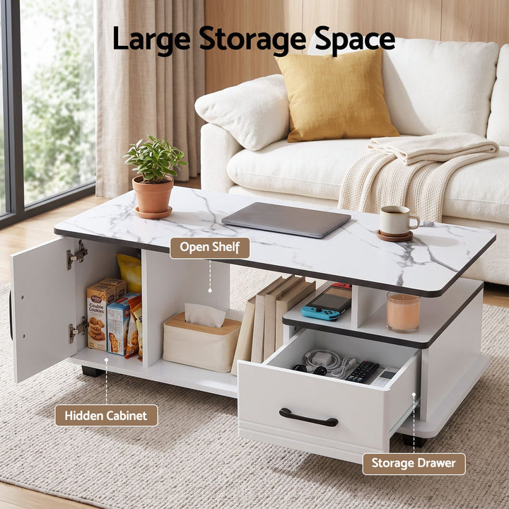 Luna Coffee Table | White Marble-Effect Top, Storage &amp; Cabinet | Greenora Living Australia