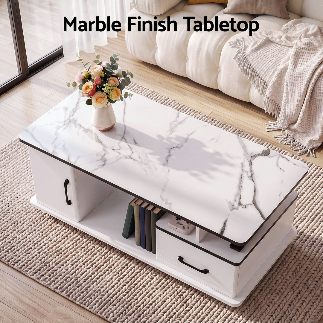 Luna Coffee Table | White Marble-Effect Top, Storage &amp; Cabinet | Greenora Living Australia