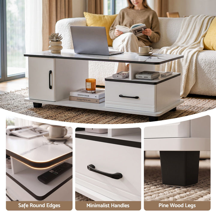 Luna Coffee Table | White Marble-Effect Top, Storage &amp; Cabinet | Greenora Living Australia