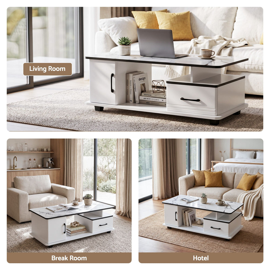 Luna Coffee Table | White Marble-Effect Top, Storage &amp; Cabinet | Greenora Living Australia