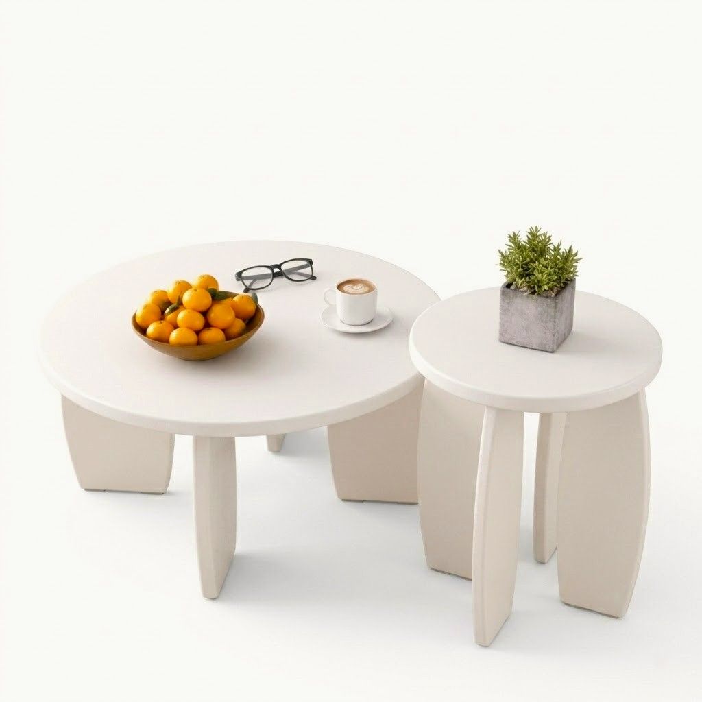 Luna High Gloss Round Coffee &amp; Side Table Set – Cream White – product view 4