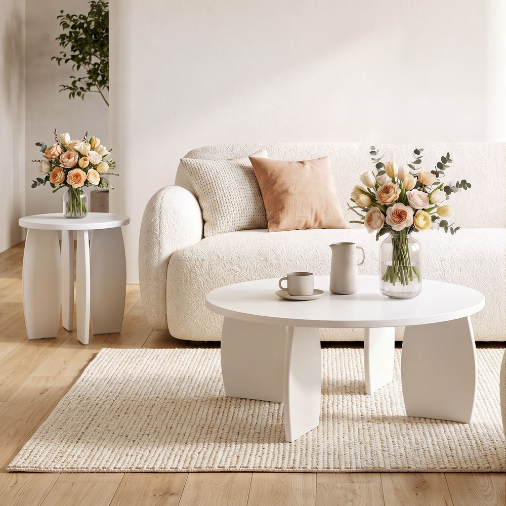 Luna High Gloss Round Coffee & Side Table Set – Cream White – product view 2