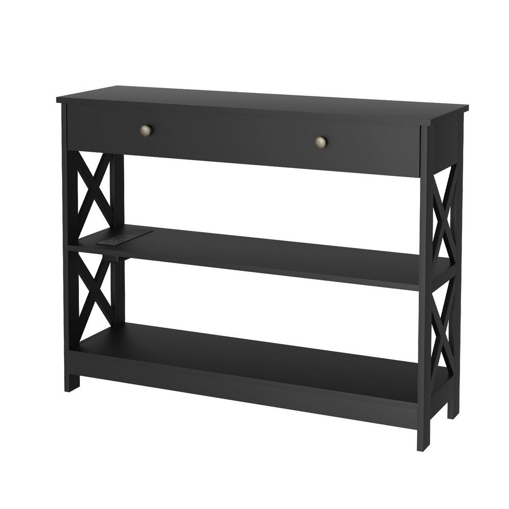 Charge Console Table – Built-In Charging Station, 2 AC Outlets, 2 USB Ports & X-Frame | 1 Drawer | MDF | 100cm | Black - Greenora Living