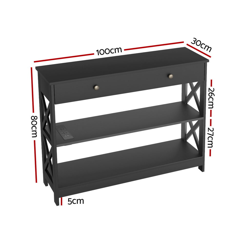 Charge Console Table – Built-In Charging Station, 2 AC Outlets, 2 USB Ports &amp; X-Frame | 1 Drawer | MDF | 100cm | Black - Greenora Living