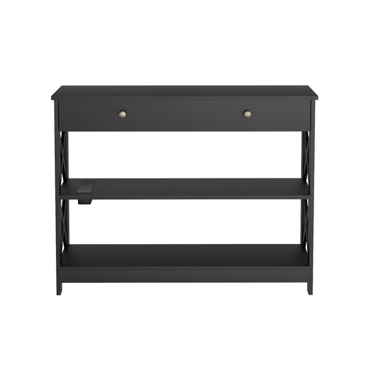 Charge Console Table – Built-In Charging Station, 2 AC Outlets, 2 USB Ports &amp; X-Frame | 1 Drawer | MDF | 100cm | Black - Greenora Living