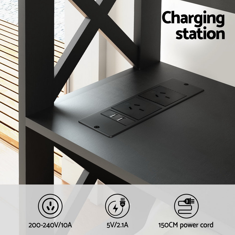 Charge Console Table – Built-In Charging Station, 2 AC Outlets, 2 USB Ports &amp; X-Frame | 1 Drawer | MDF | 100cm | Black - Greenora Living