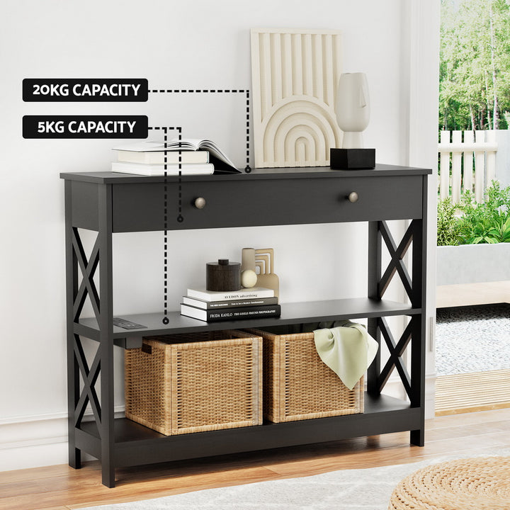 Charge Console Table – Built-In Charging Station, 2 AC Outlets, 2 USB Ports &amp; X-Frame | 1 Drawer | MDF | 100cm | Black - Greenora Living