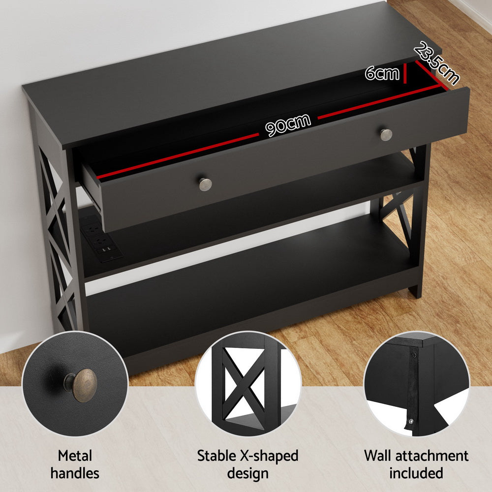 Charge Console Table – Built-In Charging Station, 2 AC Outlets, 2 USB Ports &amp; X-Frame | 1 Drawer | MDF | 100cm | Black - Greenora Living