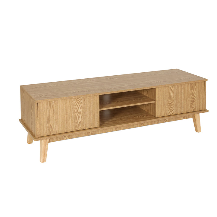 Refined Pine TV Entertainment Unit – 2 Deep Cabinets &amp; Tempered Glass Shelf | 140cm - Greenora Living