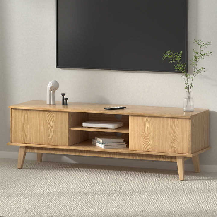 Refined Pine TV Entertainment Unit – 2 Deep Cabinets &amp; Tempered Glass Shelf | 140cm - Greenora Living
