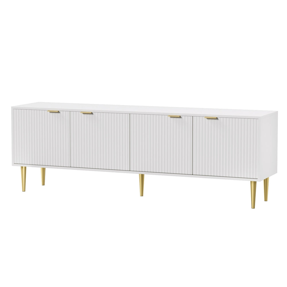 Reede White TV Entertainment Unit – 4 Reeded Doors &amp; Gold Metal Legs | 180cm | White &amp; Gold - Greenora Living
