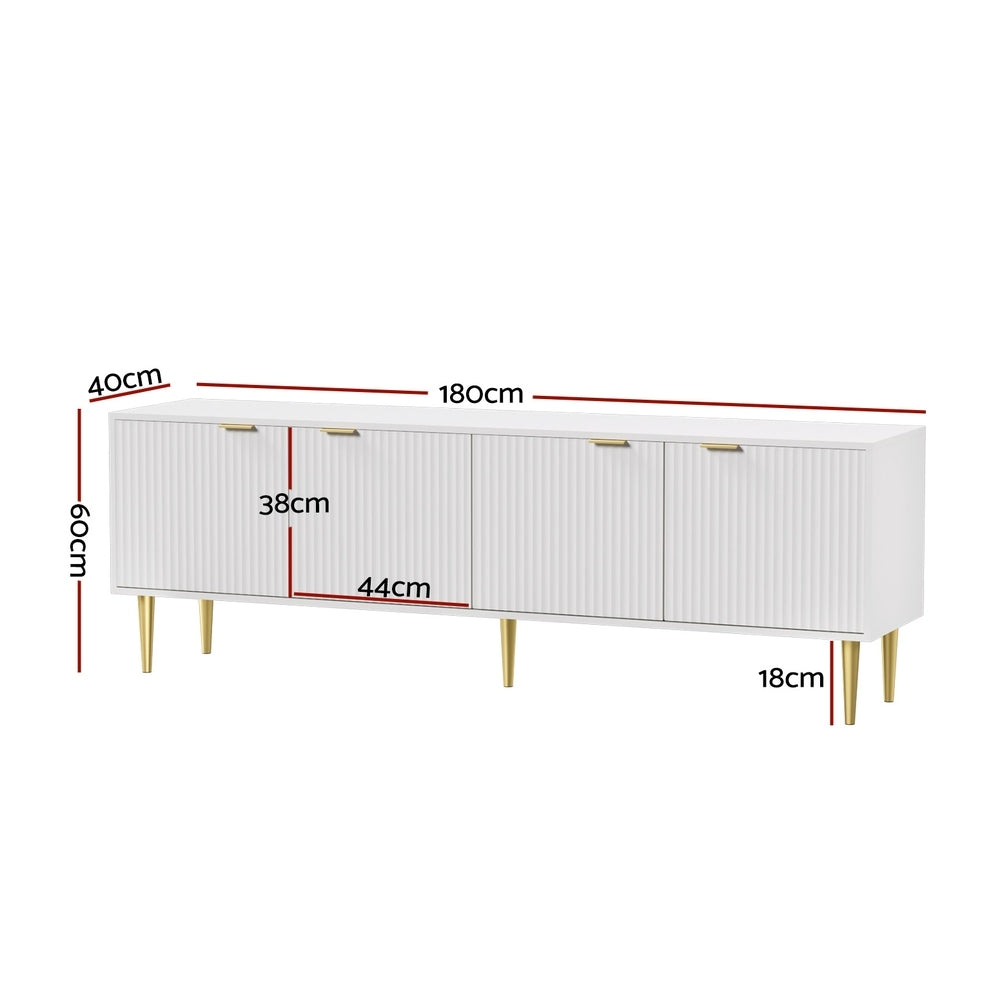 Reede White TV Entertainment Unit – 4 Reeded Doors &amp; Gold Metal Legs | 180cm | White &amp; Gold - Greenora Living