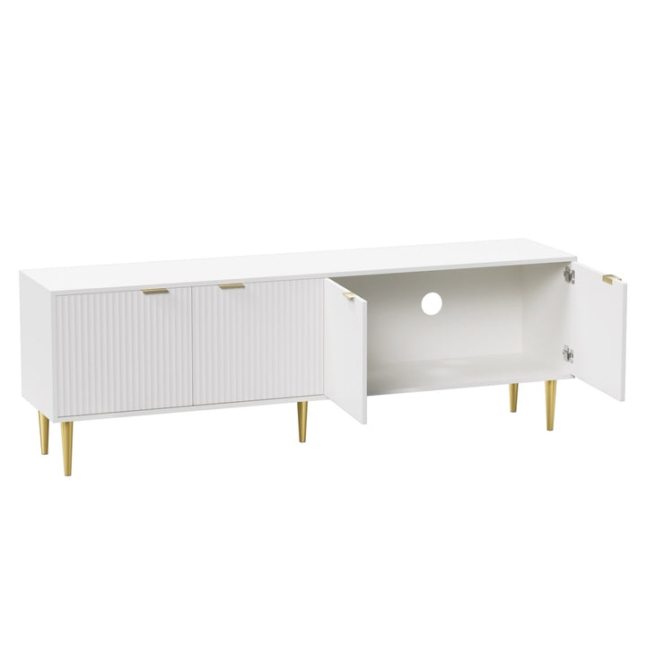 Reede White TV Entertainment Unit – 4 Reeded Doors &amp; Gold Metal Legs | 180cm | White &amp; Gold - Greenora Living