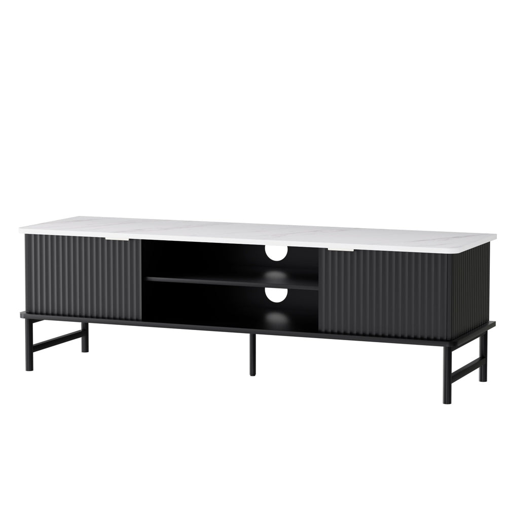 Reede Marble TV Entertainment Unit – Reeded Doors & Marble-Effect Top | 140cm | White & Black - Greenora Living
