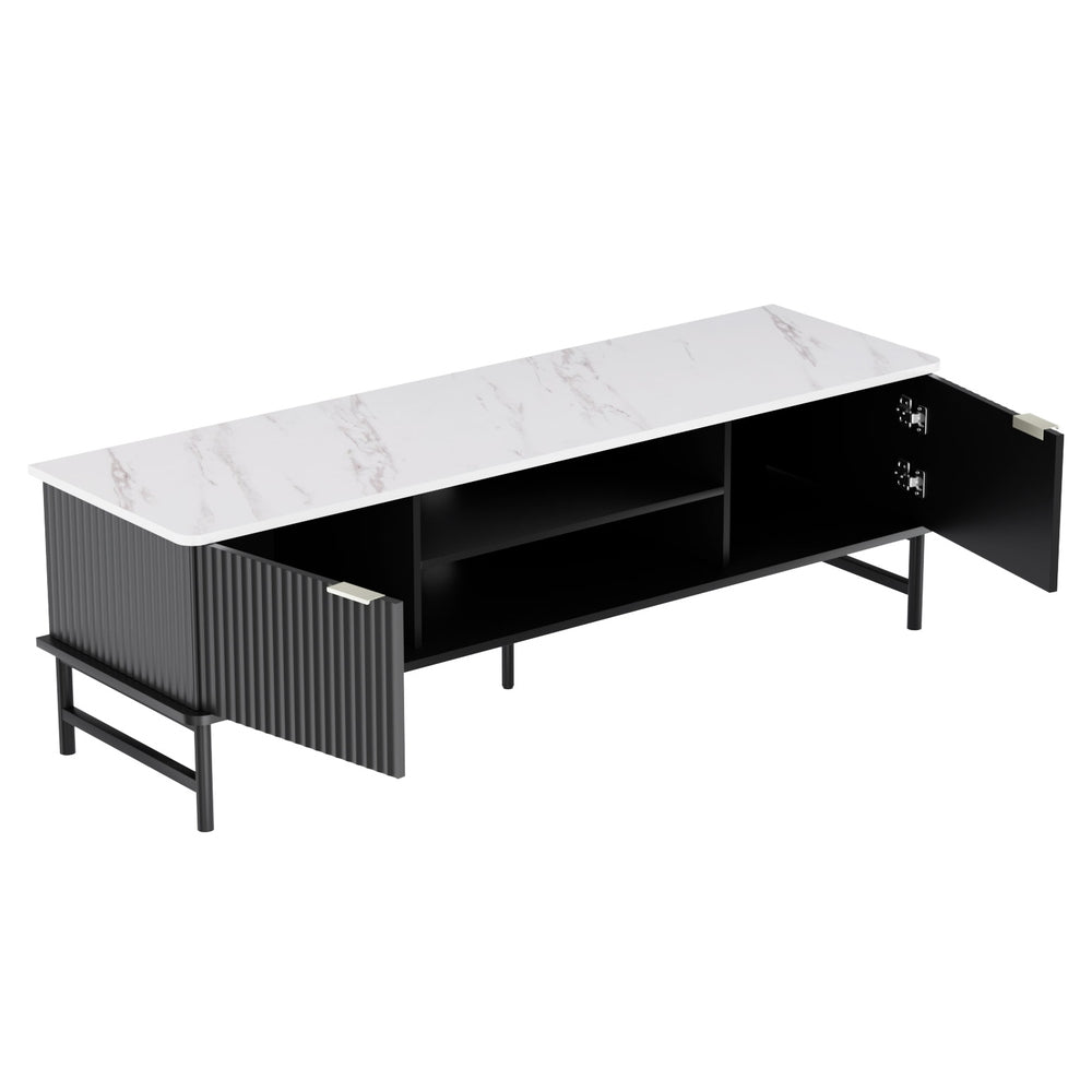 Reede Marble TV Entertainment Unit – Reeded Doors &amp; Marble-Effect Top | 140cm | White &amp; Black - Greenora Living