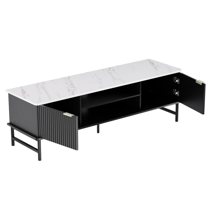 Reede Marble TV Entertainment Unit – Reeded Doors &amp; Marble-Effect Top | 140cm | White &amp; Black - Greenora Living