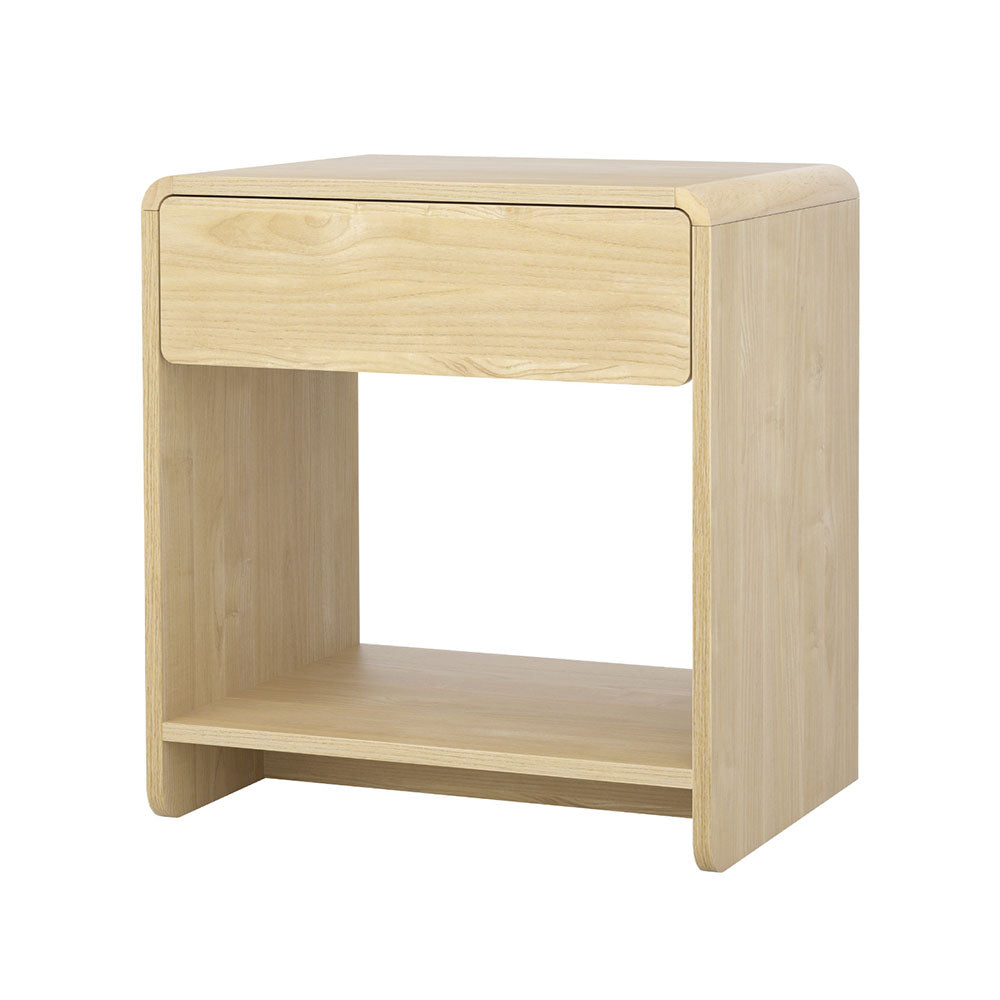 Scandinavian Pine Bedside Table – Drawer, Open Shelf &amp; Rubberwood Corners - Greenora Living