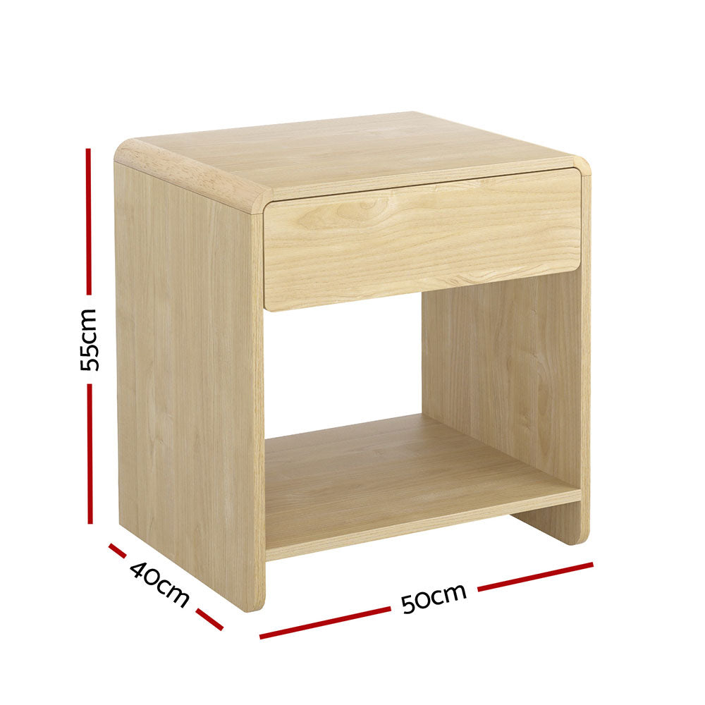 Scandinavian Pine Bedside Table – Drawer, Open Shelf &amp; Rubberwood Corners - Greenora Living