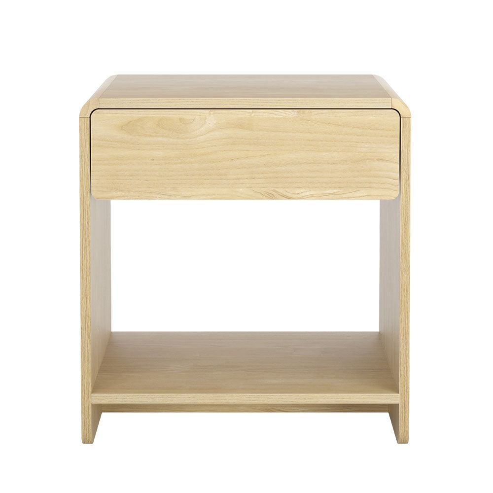 Scandinavian Pine Bedside Table – Drawer, Open Shelf &amp; Rubberwood Corners - Greenora Living