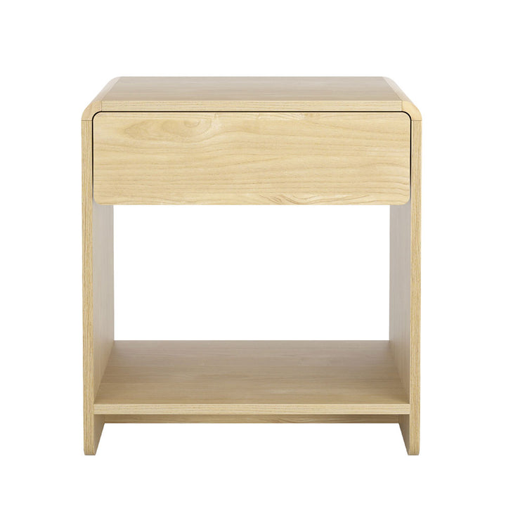 Scandinavian Pine Bedside Table – Drawer, Open Shelf &amp; Rubberwood Corners - Greenora Living