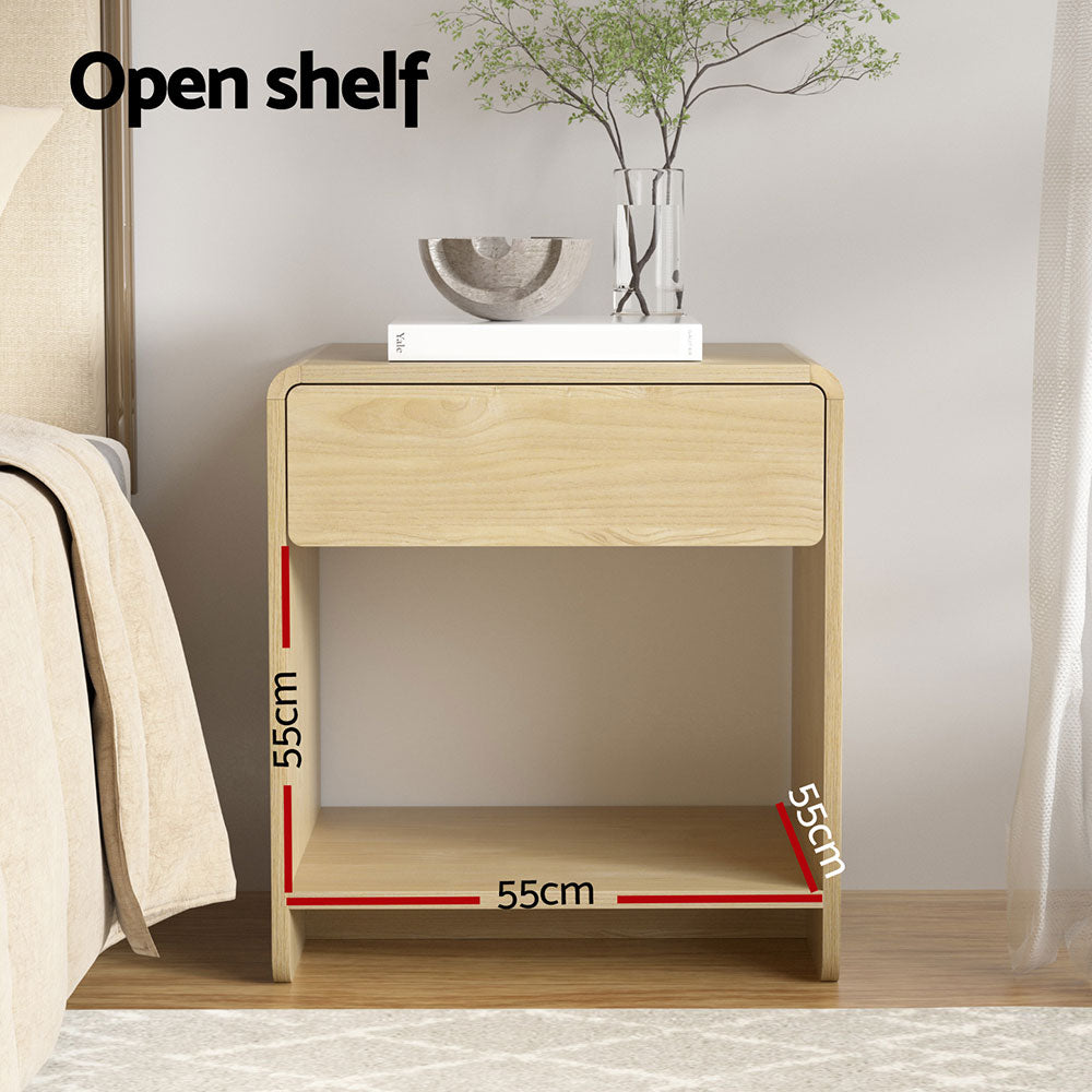 Scandinavian Pine Bedside Table – Drawer, Open Shelf &amp; Rubberwood Corners - Greenora Living