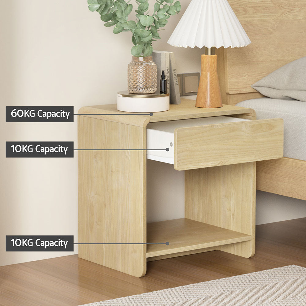 Scandinavian Pine Bedside Table – Drawer, Open Shelf &amp; Rubberwood Corners - Greenora Living