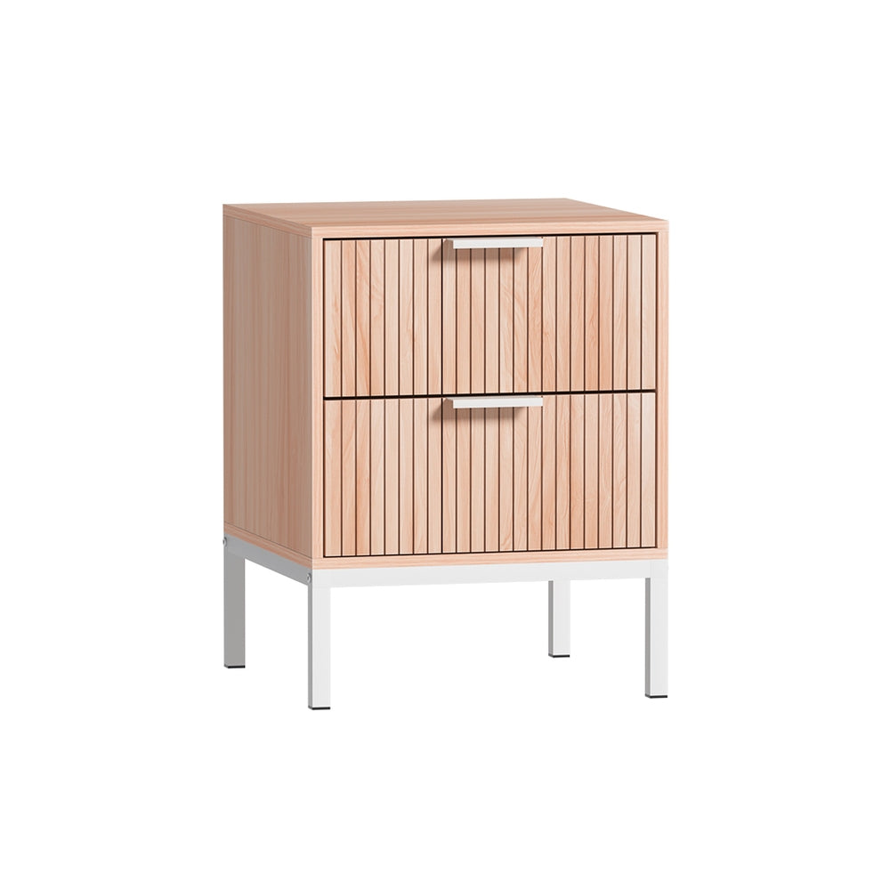 Nordic Fluted Bedside Table – Pine &amp; White Two-Tone 2 Drawers Metal Legs - Greenora Living