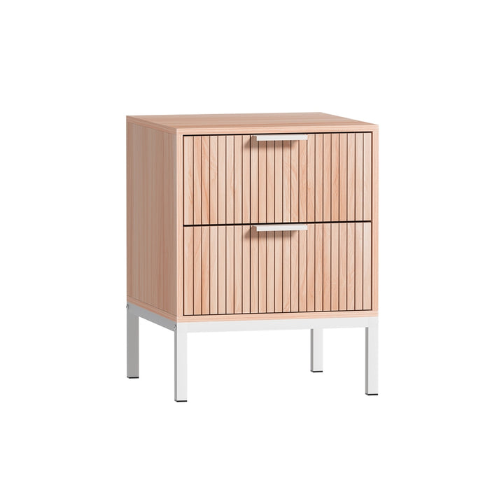 Nordic Fluted Bedside Table – Pine &amp; White Two-Tone 2 Drawers Metal Legs - Greenora Living