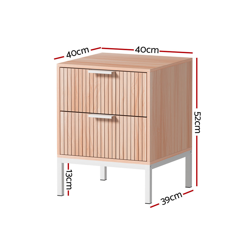 Nordic Fluted Bedside Table – Pine & White Two-Tone 2 Drawers Metal Legs - Greenora Living