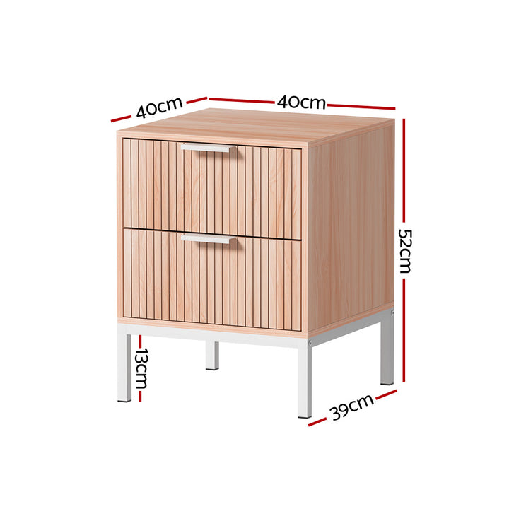 Nordic Fluted Bedside Table – Pine &amp; White Two-Tone 2 Drawers Metal Legs - Greenora Living