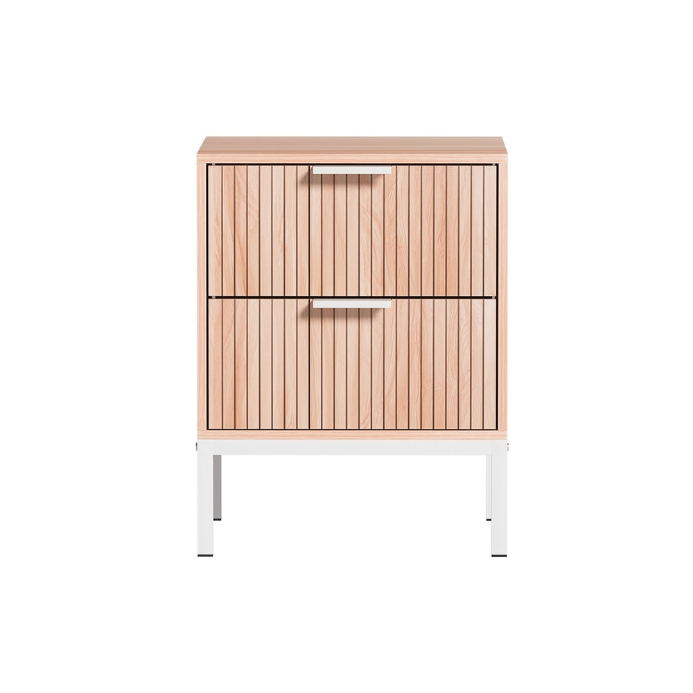 Nordic Fluted Bedside Table – Pine &amp; White Two-Tone 2 Drawers Metal Legs - Greenora Living