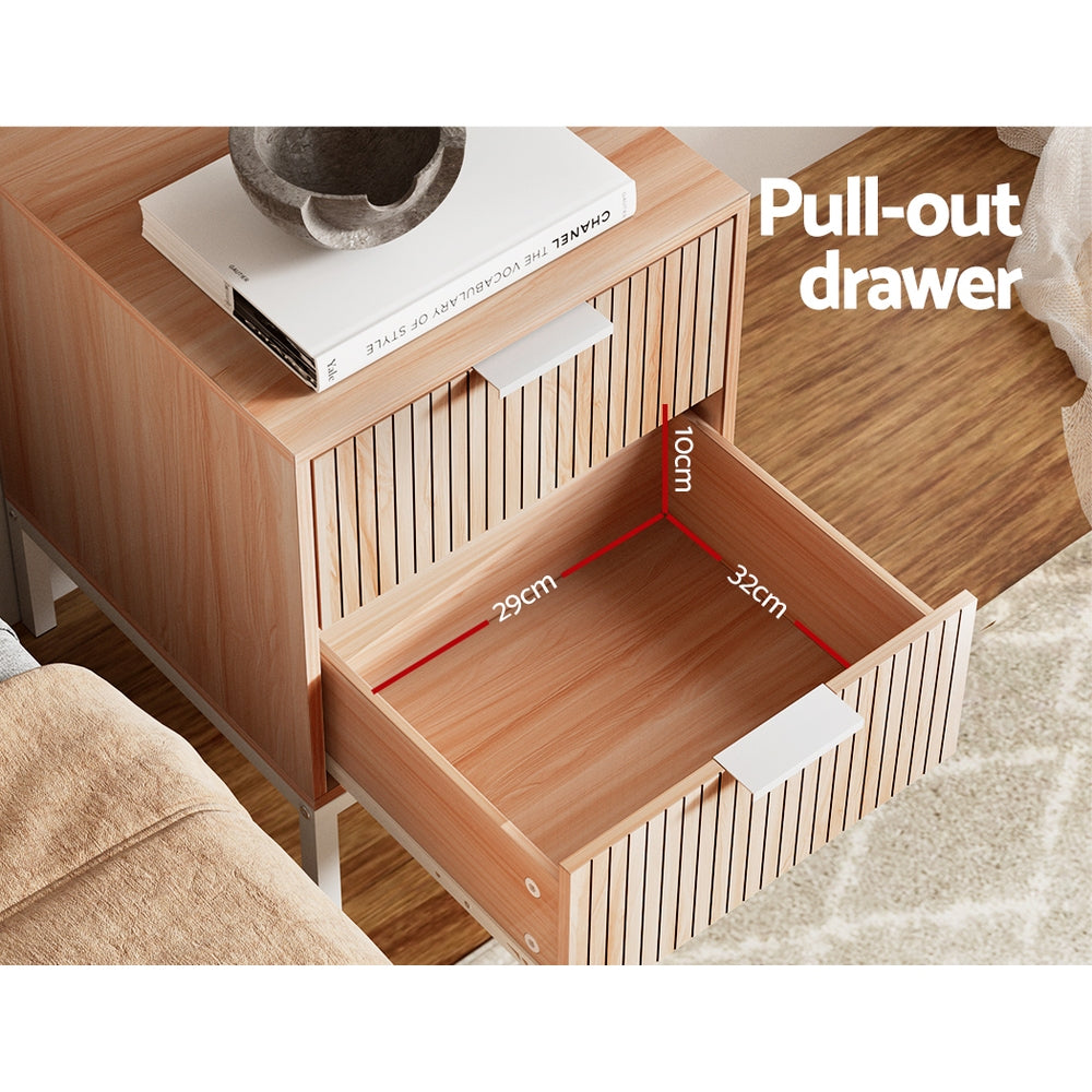 Nordic Fluted Bedside Table – Pine &amp; White Two-Tone 2 Drawers Metal Legs - Greenora Living